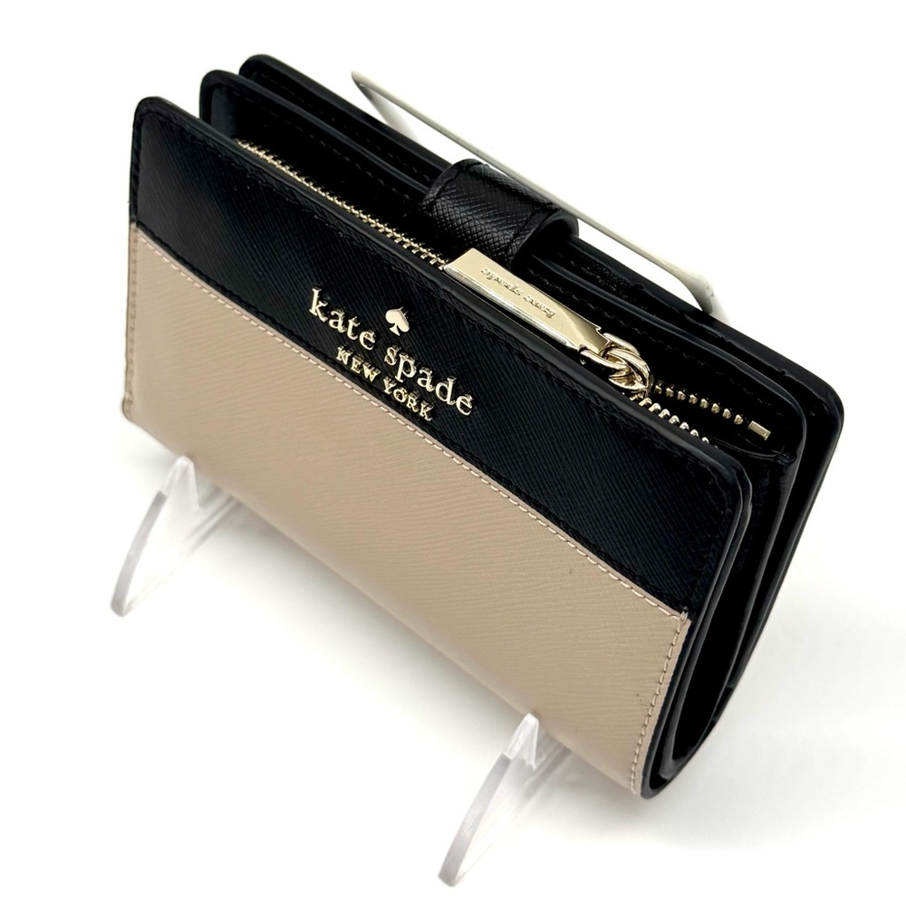 Kate Spade Leila Medium Pebbled Leather Compact Bifold Wallet Tan/Black - Picture 6 of 9
